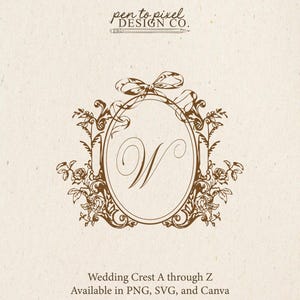 May include: A brown wedding crest design featuring an oval frame, a bow, and floral details. The letter "W" is in the centre. Text at the bottom reads "Wedding Crest A through Z Available in PNG, SVG, and Canva."