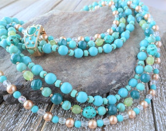 Joan Rivers- Long 3-Strand Faux Turquoise and Glasss Bead Necklace with Removeable Cabochon Enhancer