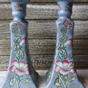 Vintage Chinese Chinoiserie Hand Painted Candlestick Holder - Pair - Rare Design