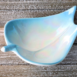 Mid-Century Cal. Style Pottery Serving Bowl - 1960&#39;s Iridescent Blue Leaf Shaped Serving Dish 2232