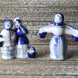 Gzhel Folk Art Porcelain Collectible Figurines Set of Two - Russian Folk Art Collectibles - USSR Collectible Porcelain Figurines