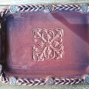 Studio Pottery Tray and Serving Dishes - R Walker Pottery - Braided Handled Ceramic Serving Tray and Candle Plates - Stamped Pottery Tray