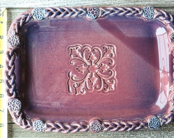 Studio Pottery Tray and Serving Dishes - R Walker Pottery - Braided Handled Ceramic Serving Tray and Candle Plates - Stamped Pottery Tray