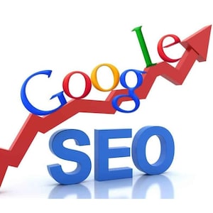 Puede incluir: Una flecha roja apuntando hacia arriba con la palabra "Google" en una fuente colorida encima. La palabra "SEO" está en azul debajo de la flecha. Esta imagen representa el concepto de optimización de motores de búsqueda y cómo puede ayudar a las empresas a crecer.