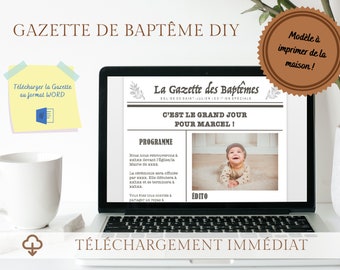 Modèle Gazette de Baptême à télécharger, magazine DIY personnalisable et à imprimer, journal modifiable format WORD facile en Français