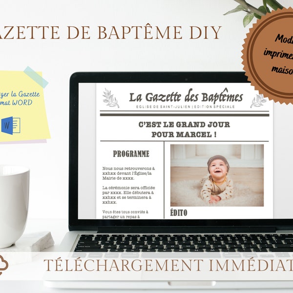 Modèle Gazette de Baptême à télécharger, magazine DIY personnalisable et à imprimer, journal modifiable format WORD facile en Français