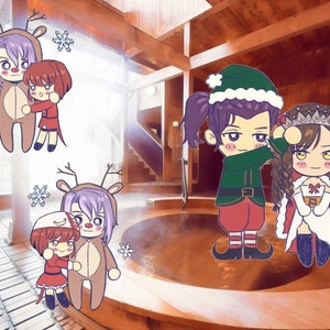 May include: Two illustrations of couples in winter clothing. The first couple is a purple-haired person wearing a reindeer costume and a red-haired person wearing a red dress. The second couple is a purple-haired person wearing a green elf costume and a brown-haired person wearing a white dress and a crown.
