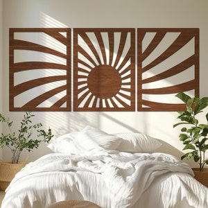 Minimalist Boho Sun Wood Wall Art Set of 3 Panels, Modern Sunset Sunrise Wall Decor, Boho Wall Art, Sunshine Wall Art, Living Room Wall Art