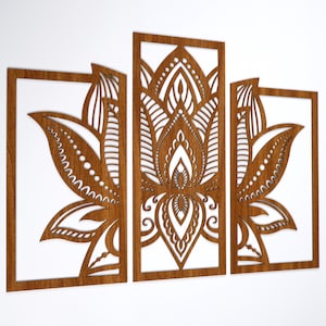 Mandala Lotus Flower Wood Wall Art Panels – Set of 3, Zen Home Decor, Spiritual Gift for Housewarming, Mandala Flower Triptych Wall Decor