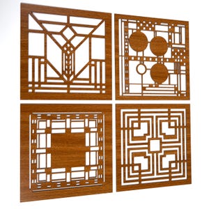 Frank Lloyd Wright Inspired Set of 4 Square Wood Wall Art Panels, Unique Wooden Wall Decor for Contemporary Homes, Stylish and Chic Design