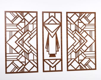 Frank Lloyd Wright-inspirerad träväggkonst: Modern geometrisk paneluppsättning