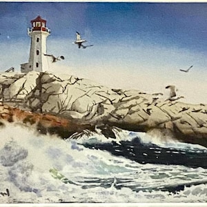 Neil Depew Signed Watercolor Print Peggy's Cove NS 5x7 Coastal Lighthouse Art Deco