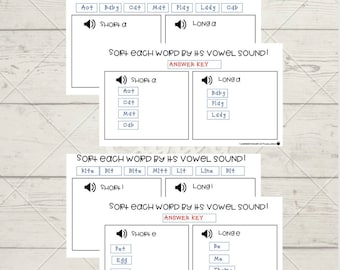 Könnte beinhalten: Lehrblätter mit dem Text "SORT EACH WORD BY ITS VOWEL SOUND!". Die Arbeitsblätter sollen den Schülern helfen, kurze und lange Vokallaute zu lernen. Die Arbeitsblätter enthalten einen Antwortschlüssel.