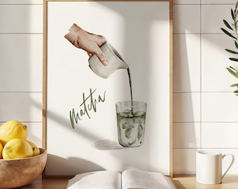 Matcha Latte Wall Art Japanese Tea Coffee Poster Kitchen Coffee Bar Sign Minimalist Housewarming Gift Sage Green Wall Art Dopamine Decor
