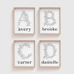 Impresión de letras iniciales florales personalizadas, arte lineal con iniciales personalizadas, flores, arte de pared para guardería infantil, arte con letras del alfabeto, ilustración de nombre