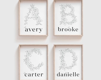 Custom Floral Initial Letter Print Personalized Initial Line Art Flowers Nursery Wall Art for Kids Alphabet Letter Art Name Illustration