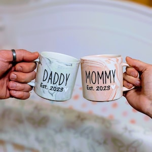 Mommy and Daddy Est. Mugs, Baby Shower Gift, Parents to Be Mug Coffee Set, Expectant Parents, Pregnancy Reveal/Announcement
