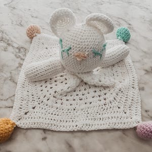 Hand-Crocheted Bear Lovey Plushie – Soft & Snuggly Security Blanket with Colorful Pom-Poms