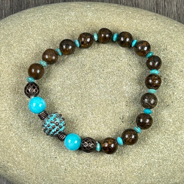 Beautiful bronzite stretch bracelet accented with turquoise jade, copper, verdigris copper