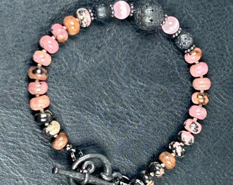 Beautiful rhodochrosite bracelet, black lava, rose quartz, toggle clasp