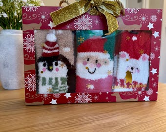 Christmas Fluffy Socks Gift Box | Womens Socks Gift Box | Christmas Stocking Filler | Christmas Gift | Santa, Reindeer & Snowman Fluffy Sock