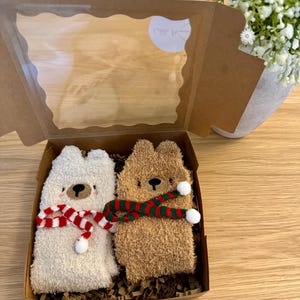 May include: A gift box containing two fuzzy bear-shaped socks. One sock is cream-colored, the other is brown. Each sock has a face and is adorned with a red and white or green and red striped scarf. The box has a clear window.