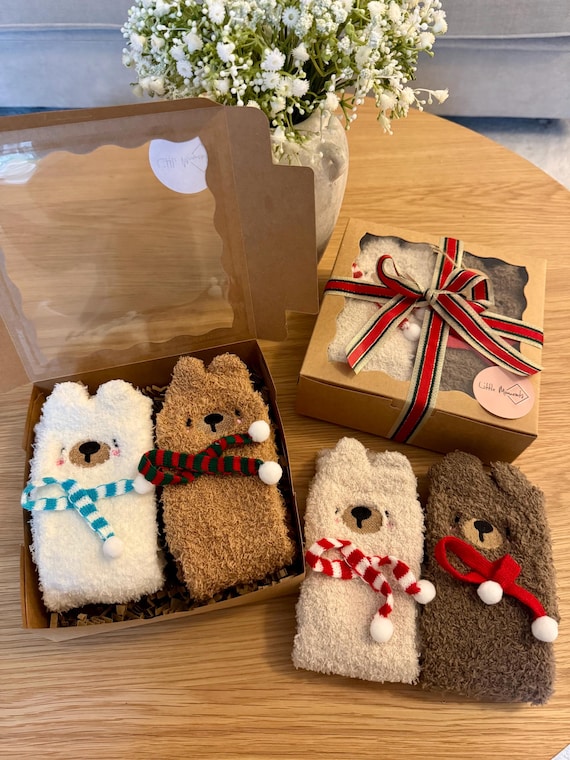 Winter Fluffy Socks Gift Box | Womens Socks Gift Box | Cute Bear Socks | Stocking Filler | Gift for Her