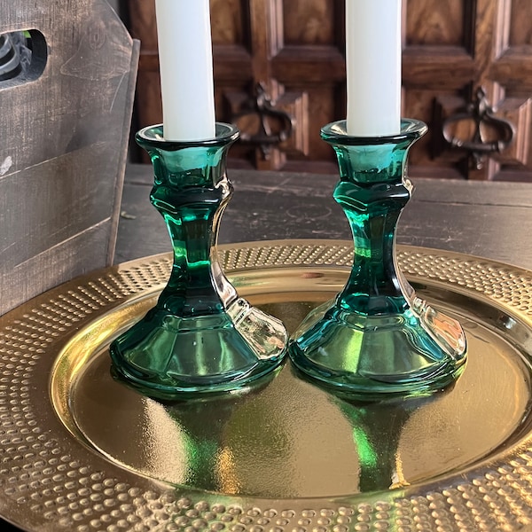 Juniper Emerald Indiana Glass Taper Candle Holders