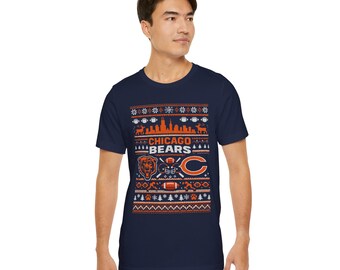 Chicago voetbalshirt lelijke kerststijl, marineblauw en oranje vakantieontwerp, T-shirt voetbalfan, uniseks grafische top beren geïnspireerd
