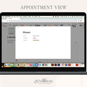May include: A screenshot of a computer screen showing a calendar app with an appointment titled "Dinner" on January 10, 2024. The appointment is categorized as "Friends" and includes the person "Sample Person 1".