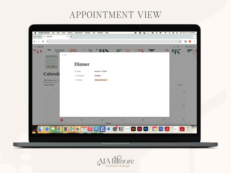 May include: A screenshot of a computer screen showing a calendar app with an appointment titled "Dinner" on January 10, 2024. The appointment is categorized as "Friends" and includes the person "Sample Person 1".