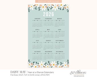 2026 Year at a Glance Calendar, 2026 Wall Calendar, 2026 Digital wall calendar, Printable Calendar, 2026 Year at a Glance Printable Calendar