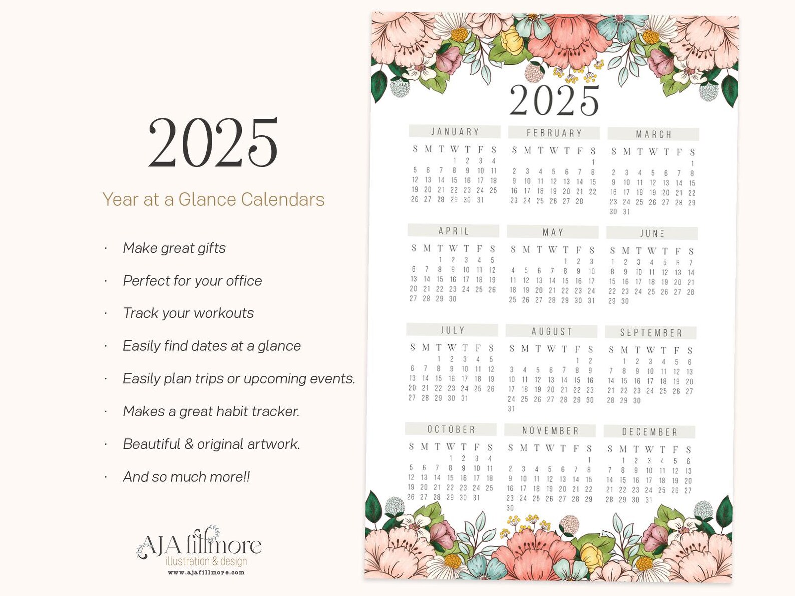 Floral 2025 Year at a Glance Calendar, 2025 Wall Calendar, Digital