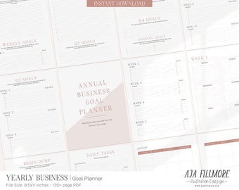 May include: A printable business goal planner with a pink and white color scheme. The planner includes sections for weekly goals, quarterly goals, ongoing goals, daily tasks, and a calendar. The planner is designed to help you stay on top of your goals and track your progress.