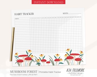 Habit Tracker Printable, Routine Tracker, 30 Day Habit Challenge, Monthly Goal Tracker, Habit Tracker, Goal Tracker, Mushroom Habit Tracker