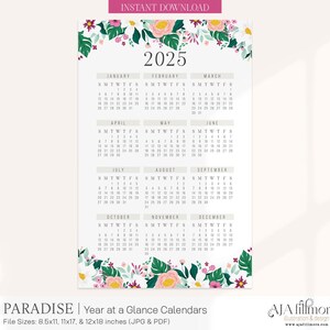 2025 Year at a Glance Calendar, 2025 Wall Calendar, 2025 Digital wall calendar, Printable Calendar, 2025 Year at a Glance Printable Calendar
