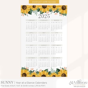 2025 Year at a Glance Calendar, 2025 Wall Calendar, 2025 Digital wall calendar, Printable Calendar, 2025 Year at a Glance Printable Calendar