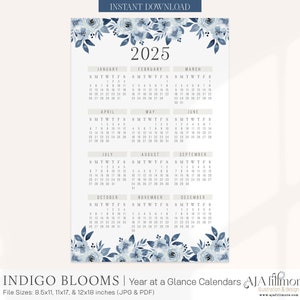 2025 Year at a Glance Calendar, 2025 Wall Calendar, 2025 Digital wall calendar, Printable Calendar, 2025 Year at a Glance Printable Calendar