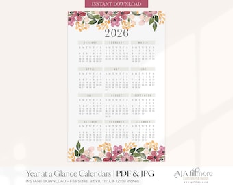 2026 Year at a Glance Calendar, 2026 Wall Calendar, 2026 Digital wall calendar, Printable Calendar, 2026 Year at a Glance Printable Calendar