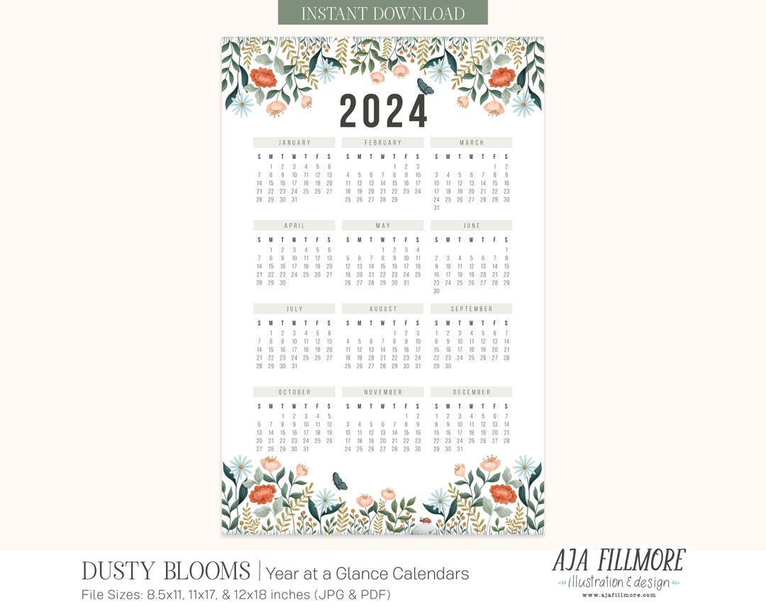 2024 Year at a Glance Calendar, 2024 Wall Calendar, 2024 Digital Wall ...