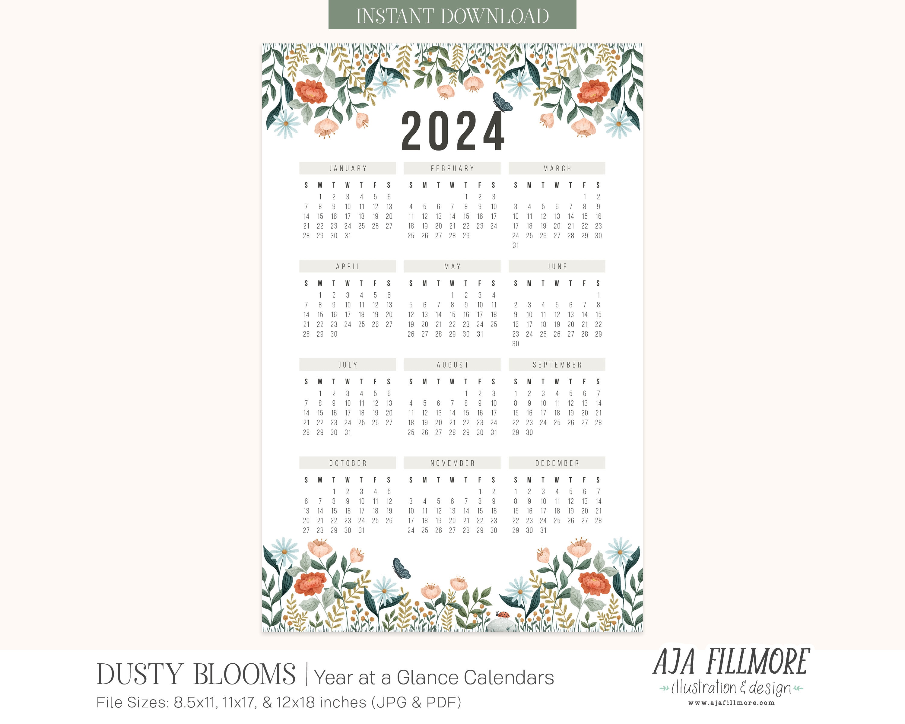 2024 Year at a Glance Calendar, 2024 Wall Calendar, 2024 Digital Wall