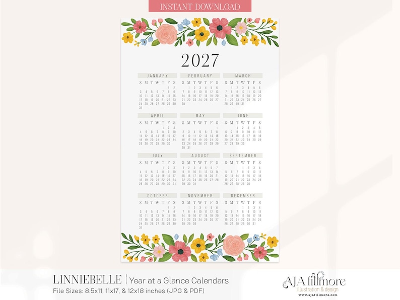 2027 Printable Calendar, Floral Year at a Glance PDF, One Page Wall Art ...