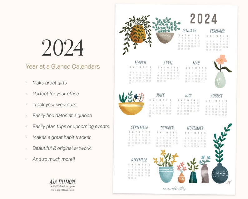 2025 Year at a Glance Calendar, 2025 Wall Calendar, 2025 Digital Wall