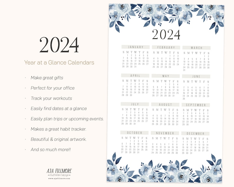 2024 Year at a Glance Calendar, 2024 Wall Calendar, 2024 Digital Wall