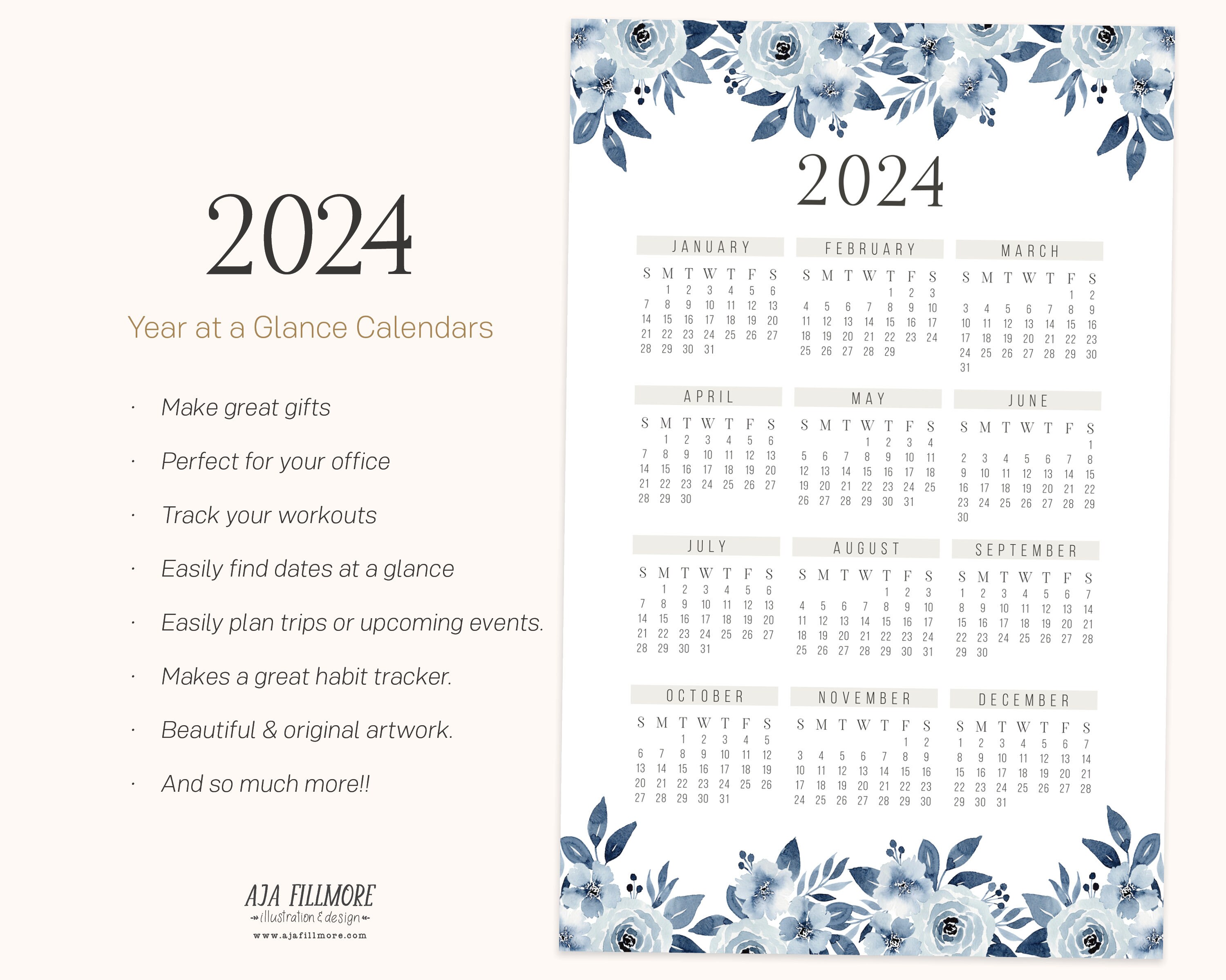 2024 Year at a Glance Calendar, 2024 Wall Calendar, 2024 Digital Wall