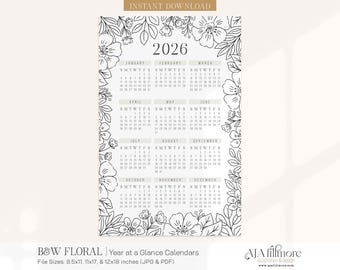 2026 Year at a Glance Calendar, 2026 Wall Calendar, 2025 Digital wall calendar, Printable Calendar, 2026 Year at a Glance Printable Calendar