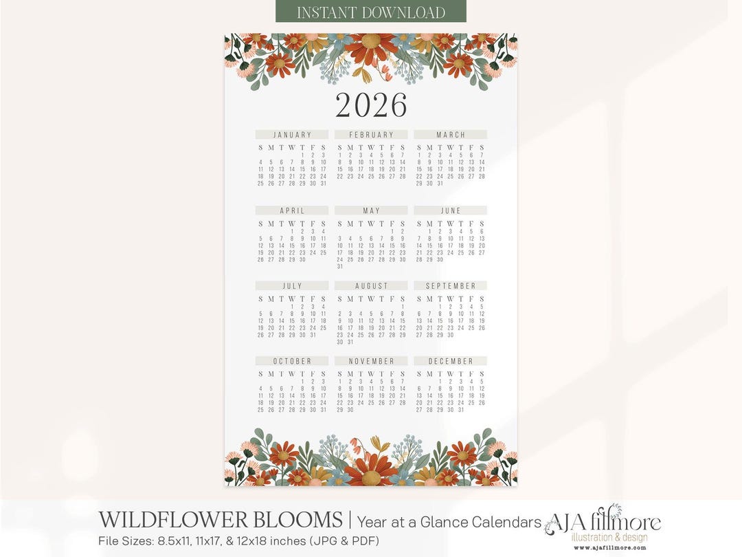 Wildflower 2026 Year at a Glance Calendar Printable | Floral Wall Art ...