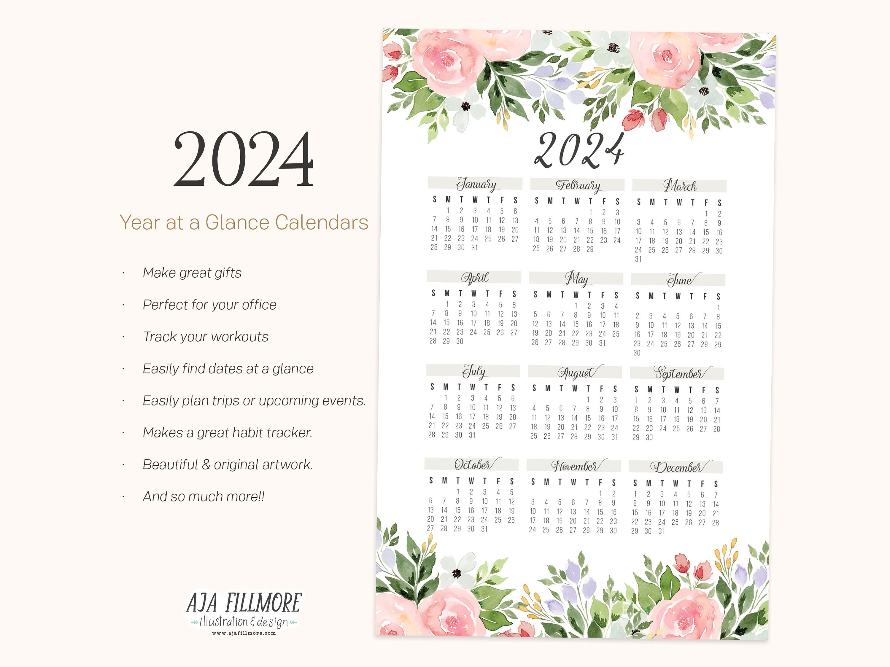 2024 Year at a Glance Calendar, 2024 Wall Calendar, 2024 Digital Wall ...