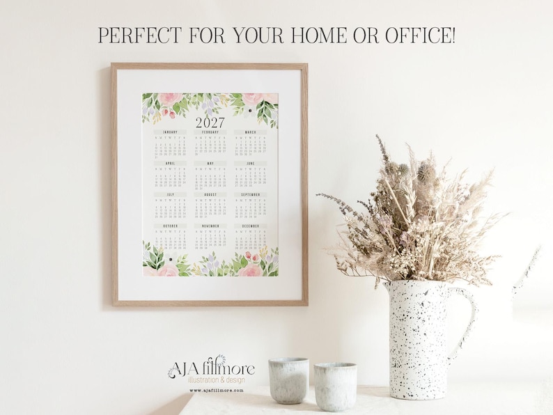 2027 Year at a Glance Calendar Printable, Floral Wall Calendar, One ...