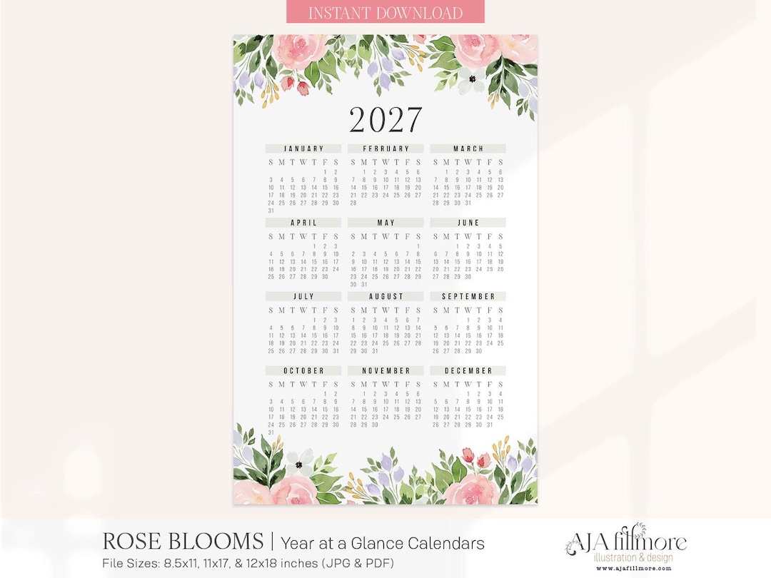2027 Year at a Glance Calendar Printable, Floral Wall Calendar, One ...
